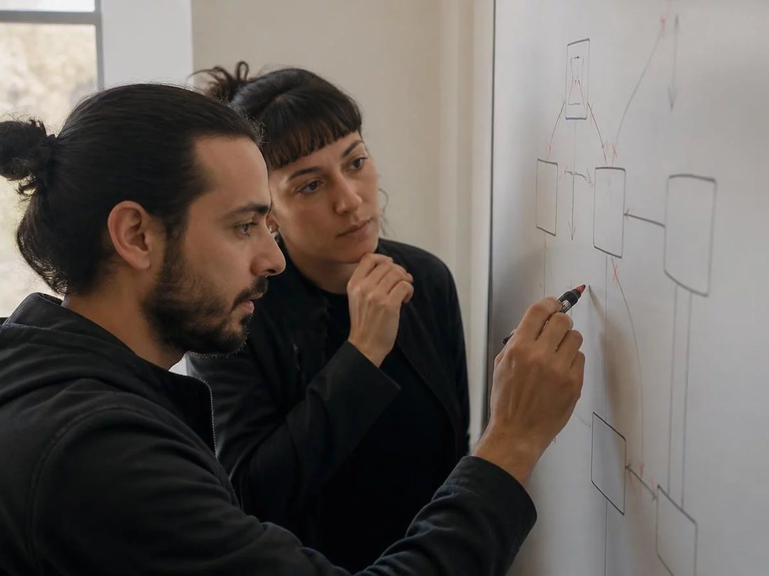 Duas pessoas diante do quadro branco com a armação de um argumento rabiscada