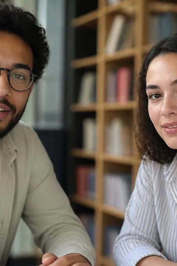 Duas participantes de pé conversando no corredor entre prateleiras de livros